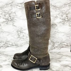 Jimmy Choo Boots Shimmer Shiny Shearling Moto Knee High Boots Women's 9.5